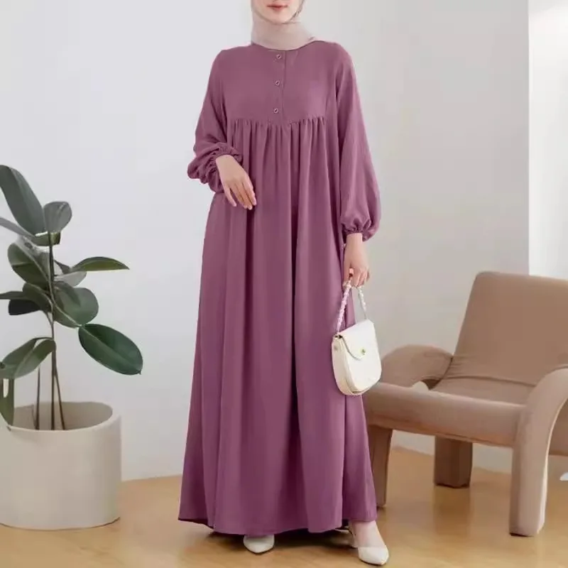 

New Muslim Womens Robe Casual Bubble Sleeves Loose Dress Elegant Outfit