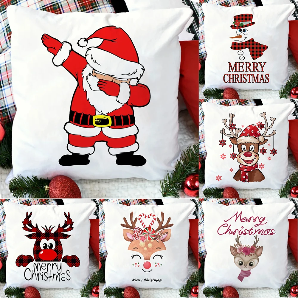 

Merry Christmas Snowman Santa Claus Print Pillowcase Christmas Cushion Cover Home Decoration Bedroom Bedside Pillowcase