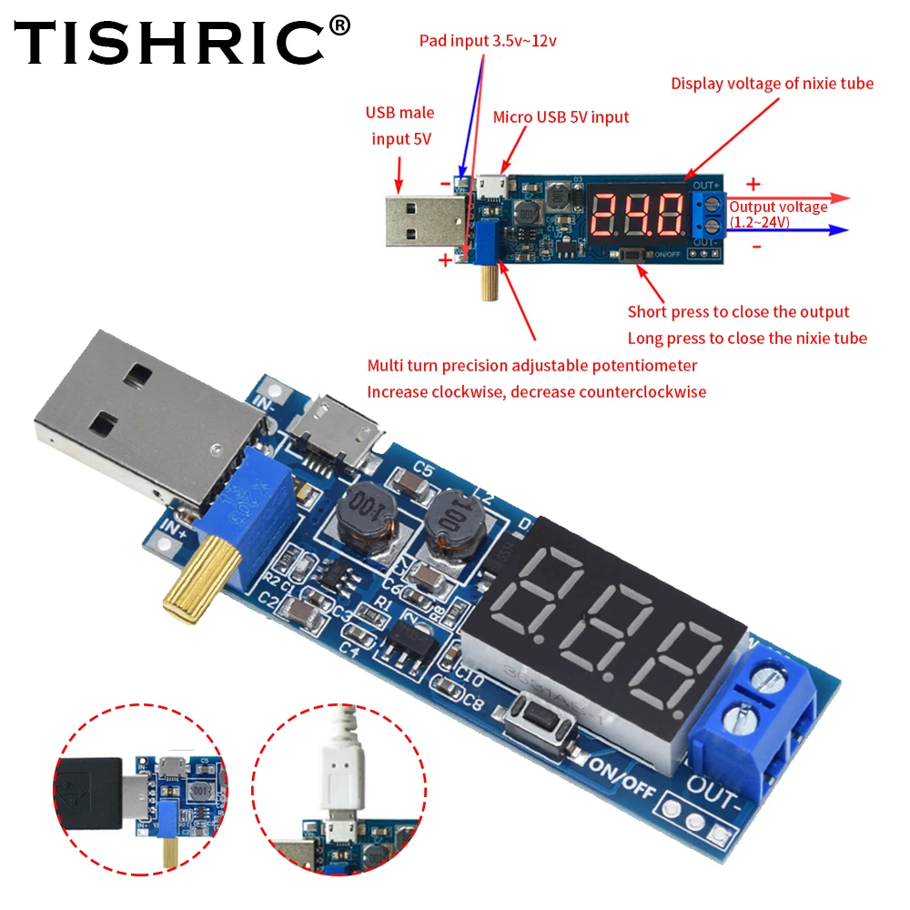 TISHRIC USB moduł Boost DC-DC 5V do 3.3V/24V USB zwiększony moduł zasilania USB konwerter DC 12V regulowany DC 1.2V-24V