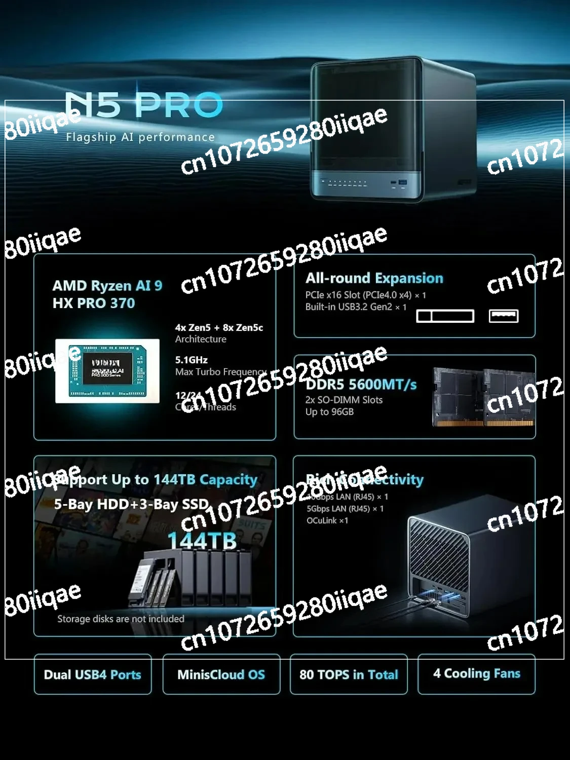 

Suitable For N5 Pro AMD AI 9 HX PRO 370 DDR5 16GB 128GB SSD Network Storage AI Mini PC Cloud Home Storage Support