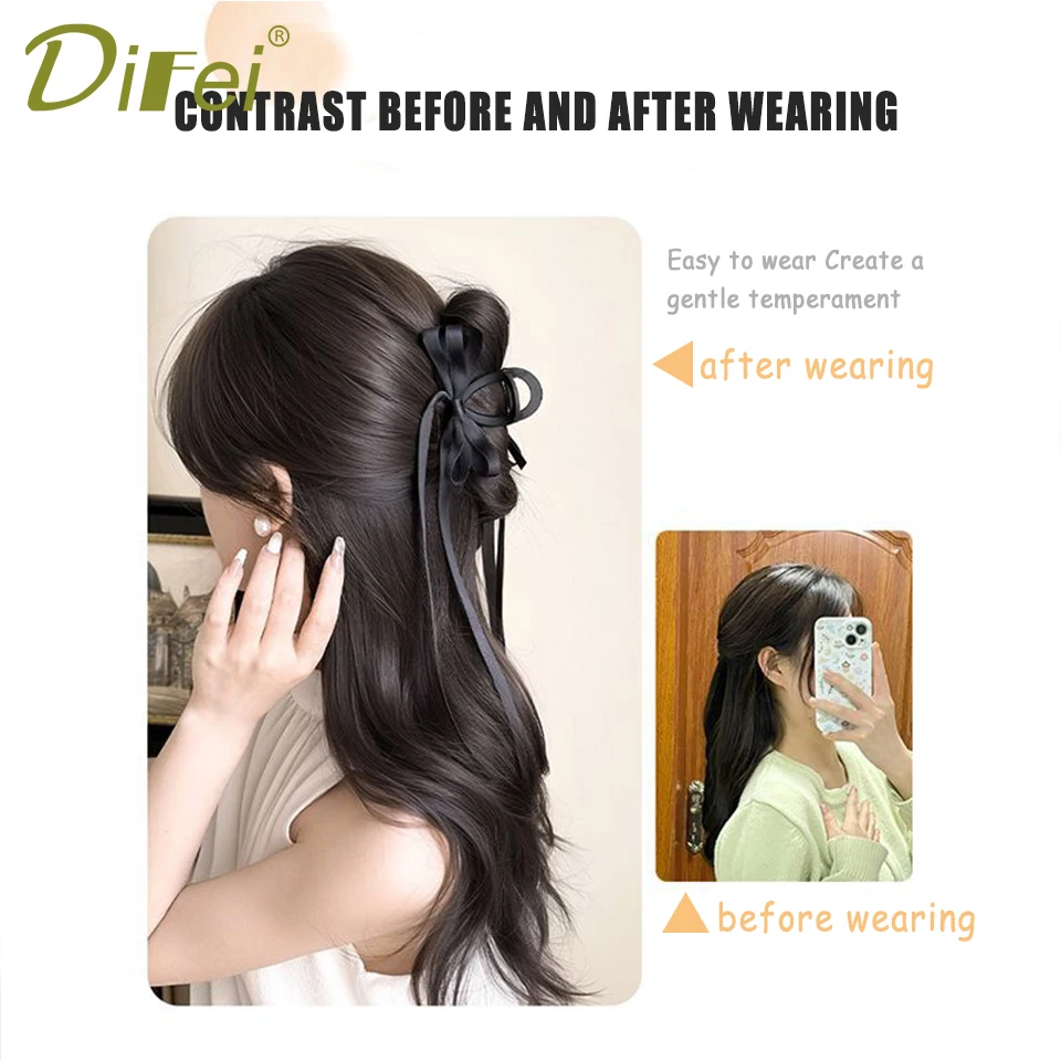 DIFEI Ball Head Synthetic Wig Ballet Wind Grip Bow Ribbon Contracting Elegant Half Ponytail Headhair