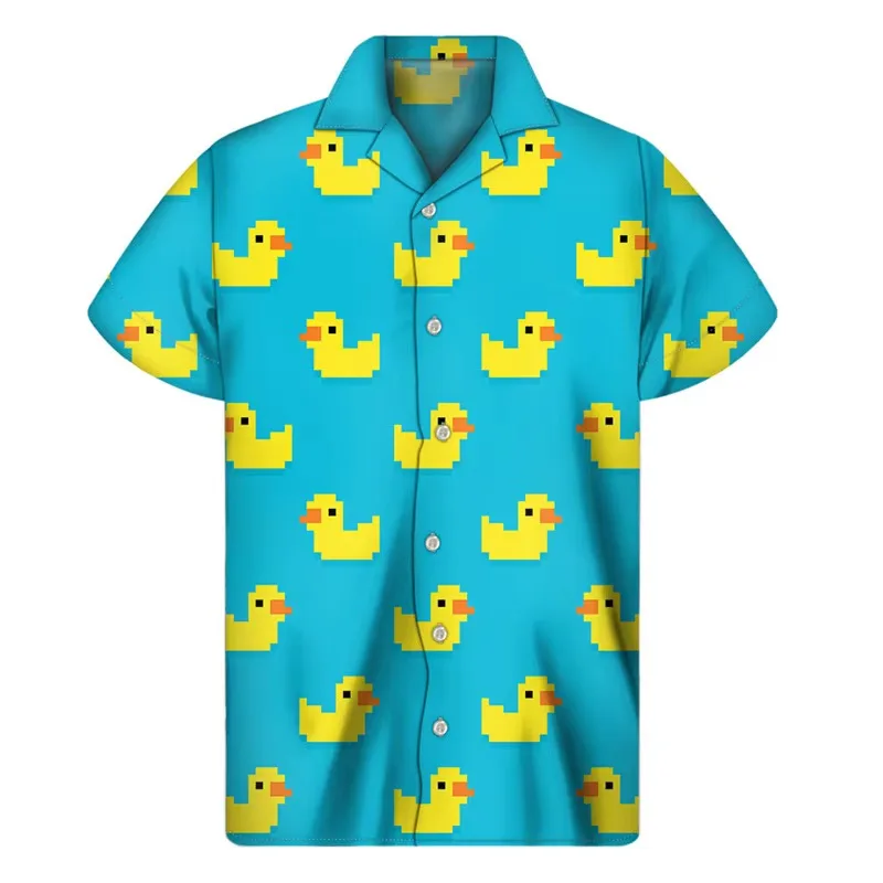 Cute Yellow Rubber Duck Pattern Shirt for Men, 3D Printed Hawaiian Shirt, Summer Button Short Sleeved Top, Loose Collared Shirt