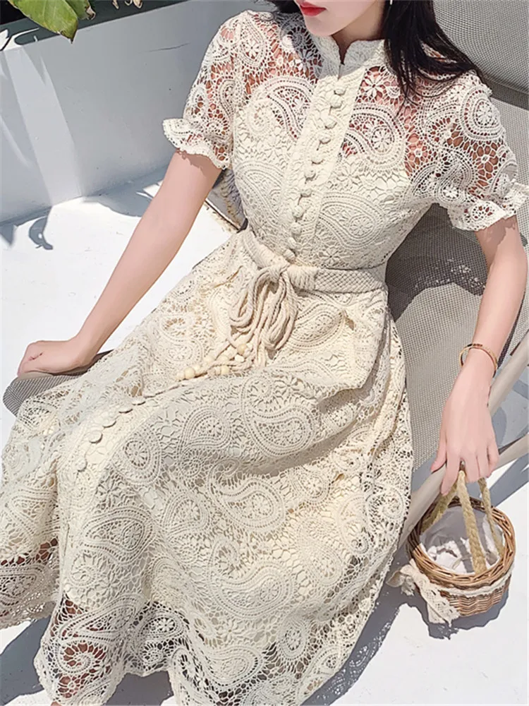 Floral Runway Party Short Sleeve Sexy Vintage Embroidery A-Line Lace 2022 Boho Summer Elegant Dresses for Women Chic Print Mesh