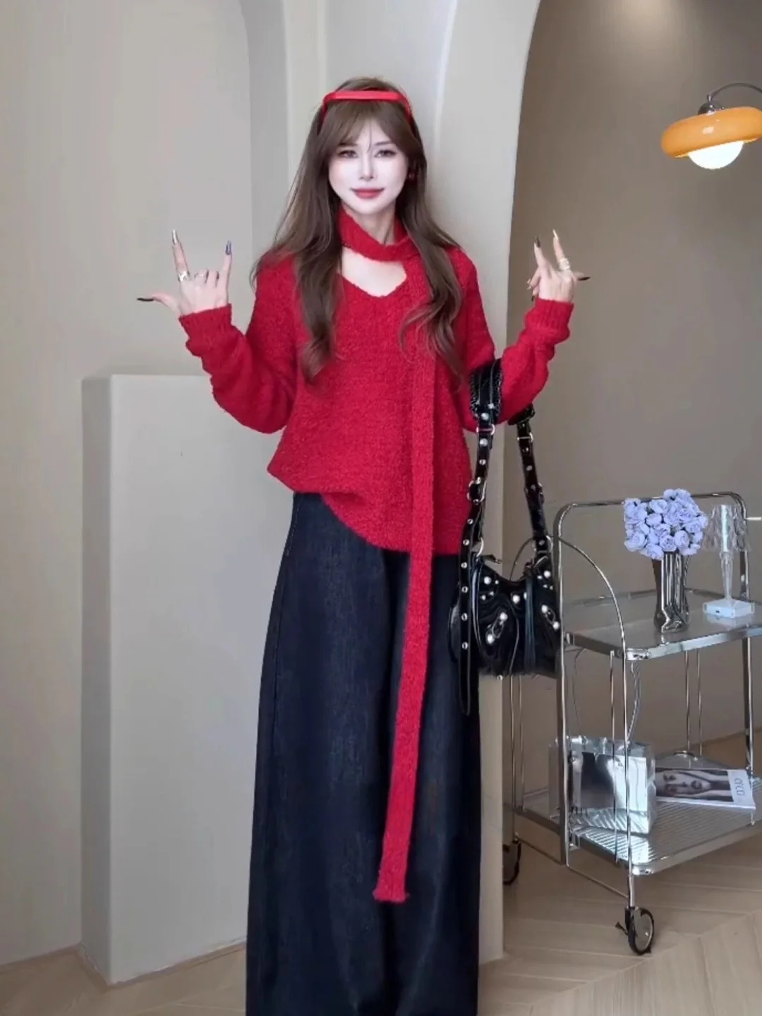 Laid-ba Red V-ne Sweater Women's Autumn Winter Hanging Ne Drifting Belt Knitted irt Unique Casual Very Attractive Top