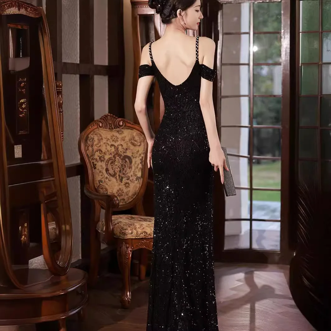 Black Camisole Sequined Dress High-End Affordable Luxury Niche Banquet Lady Host Split Dress Bridesmaid Dress