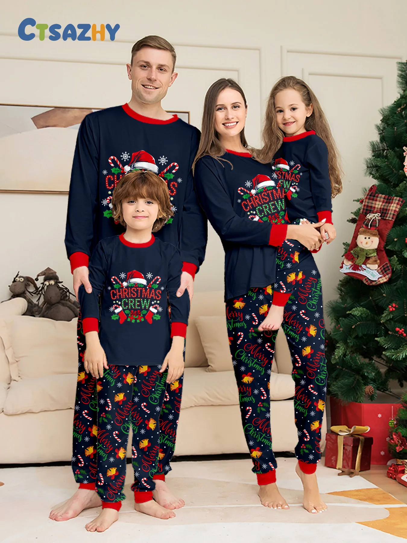 Family Christmas Pajamas Matching Parent-child Sleepwear Navy Blue Long Sleeve Christmas Crew Print Xmas Gift Men Women Kids