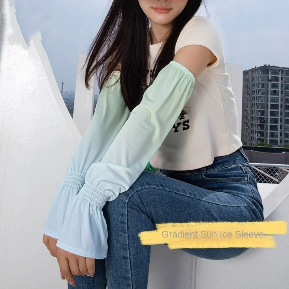 

Cute Elastic Long Ice Silk Sleeves Gradient Thin Sunscreen Arm Covers Anti-UV UV Insulation Cycling Gloves Driving