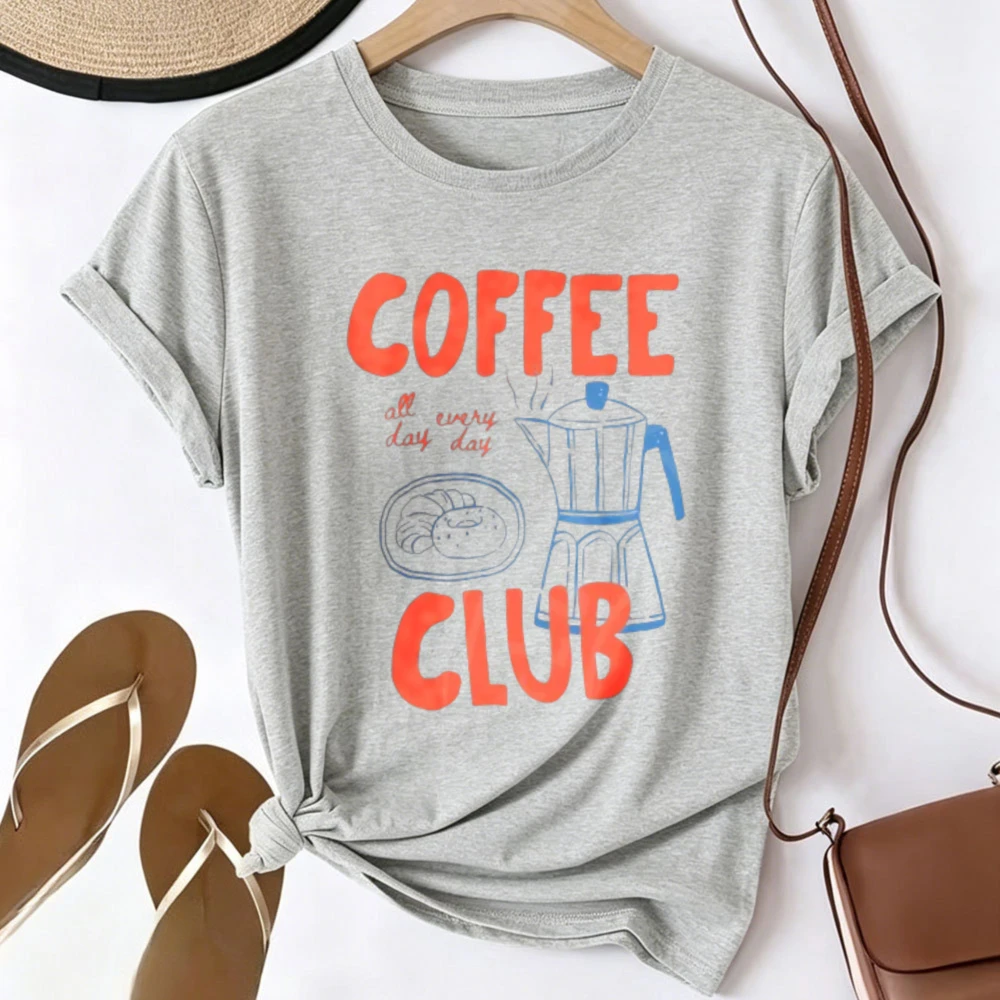 Coffee Club Moka Pot Croissant Sketch Graphic T-shirt Men Women Coffee Lover All Day Every Day Letter Print Short Sleeve Tee Top