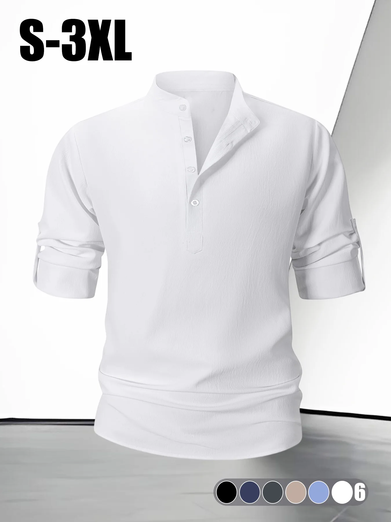 Men's Linen Shirt Henley Neck Casual Short Sleeve Solid Color Stand Up Collar Button Shirt Spring Autumn Breathale Beach Tops