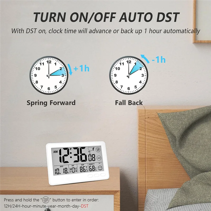 ABZV-Small Desk Automatic Alarm Clock Self-Calibrating Time And Date Display With 4 Time Zones DST Temperature,Humidity For Bedr