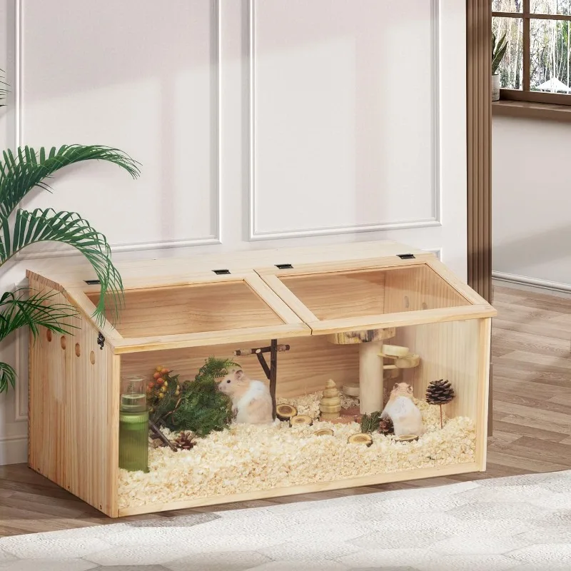 

Wooden Hamster Cage, Large Hamster Habitats Enclosure with Acrylic Window & Openable Top, (32" L x 16" W x 16" H) Small