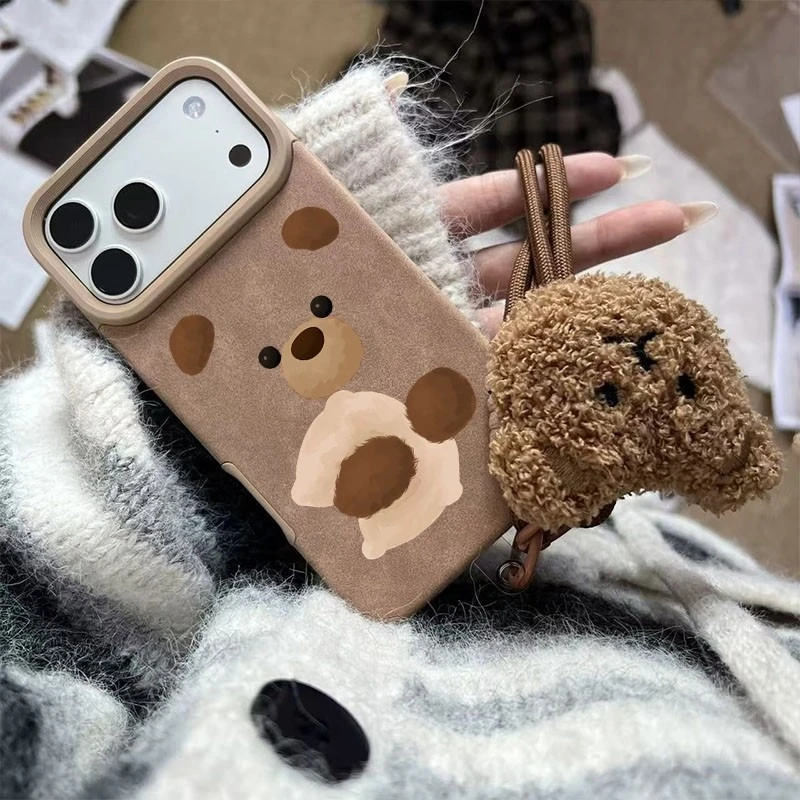 Case With Bear Strap For iPhone 17 Air 16E 16 Pro Max 16 Plus 15 14 Plus 13 12 11 Pro Max X XR XS Max Fluffy Bear Cute Cover