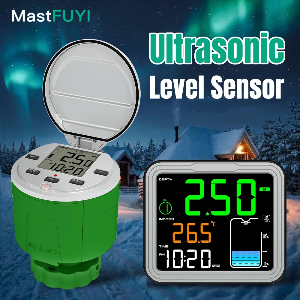 

MASTFUYI Ultrasonic Water Tank Liquid Depth Meter Temperature Sensor Time Display W/ Alarm Tank Liquid Depth Level Meter