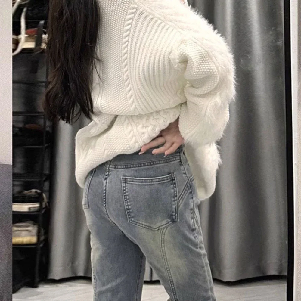 Botvotee Retro Light Blue Micro Flare กางเกงยีนส์ผู้หญิง Vintage Streetwear ขากว้าง Slim Fit Lady Elastic Hight เอว Denim กางเกง