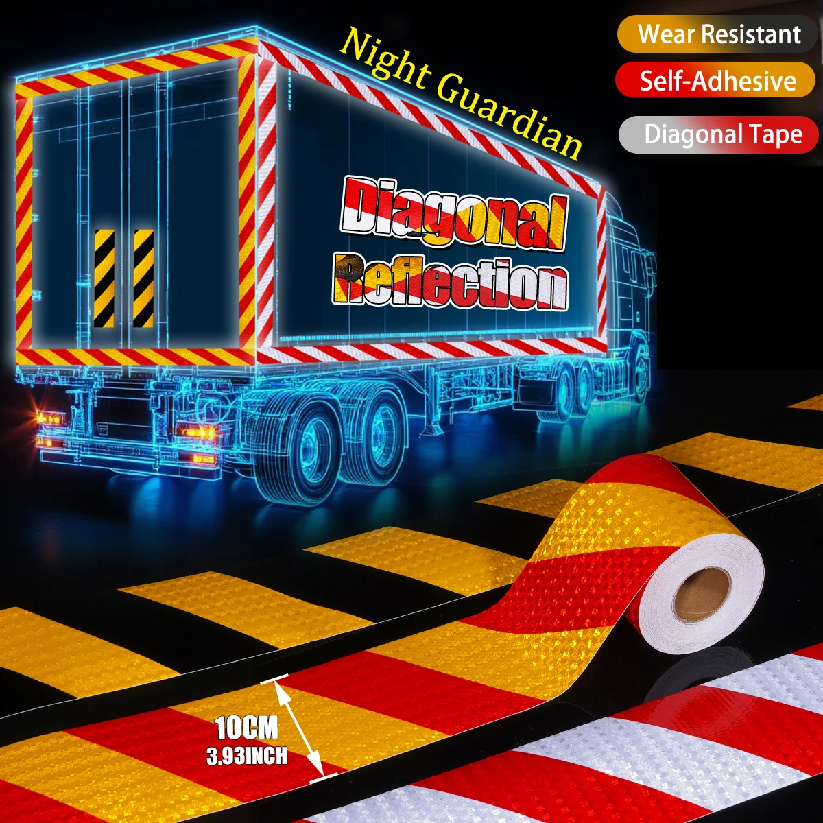 10cm Reflective Safety Warning Tape Self-Adhesive Waterproof Diagonal Night Safety Anti-Collision Strip Trucks Trailers Bicycle
