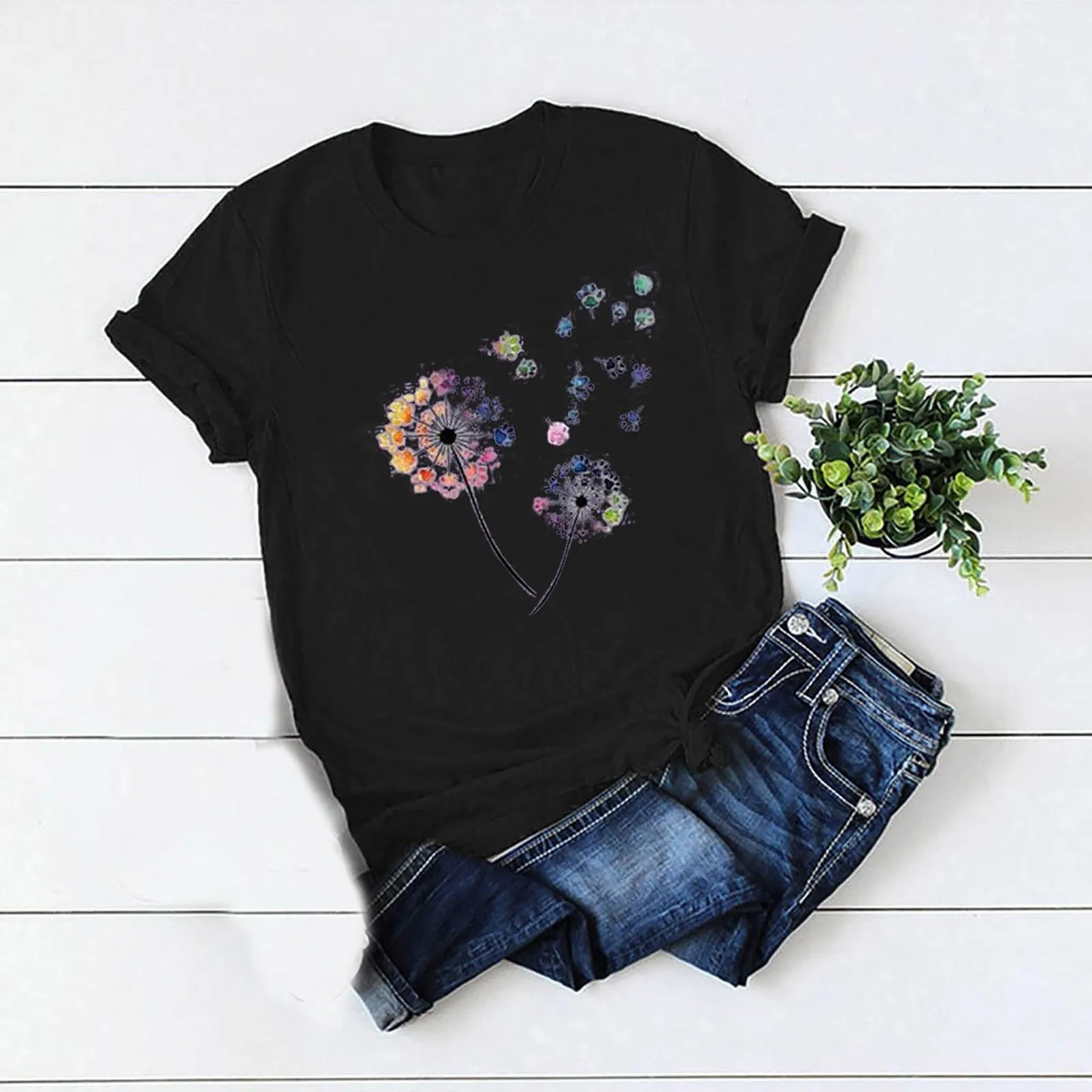 Women Graphic T-Shirt Dandilion Print Short Sleeve Women'S Round Neck Printing Women'S T-Shirt Fashion Streetwear Tees Top