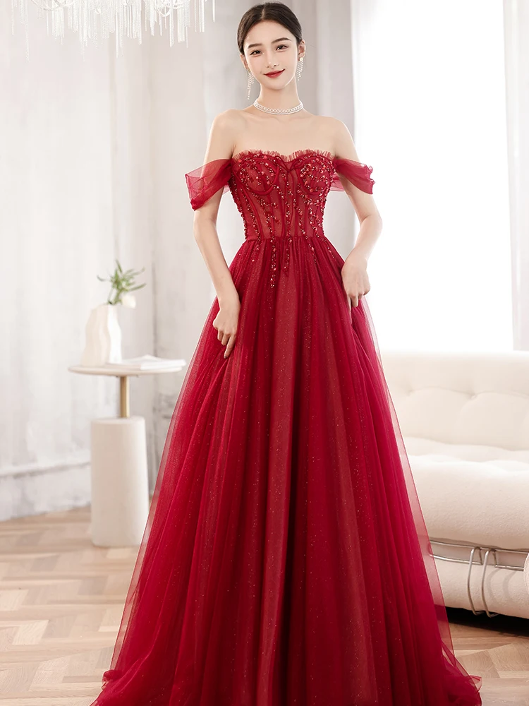 

Gorgeous Burgundy Evening Dress Bead Boat Neck Lace-Up Tulle Floor-Length Banquet Gowns 2023 New Formal Party Vestido