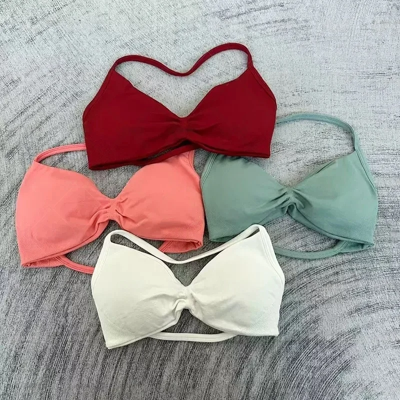 No Logo Sports Bra Strappy Backless Yoga Gym Bra Removable Cups Women Workout Clothing Gym Top Halter Sport Bras image 3