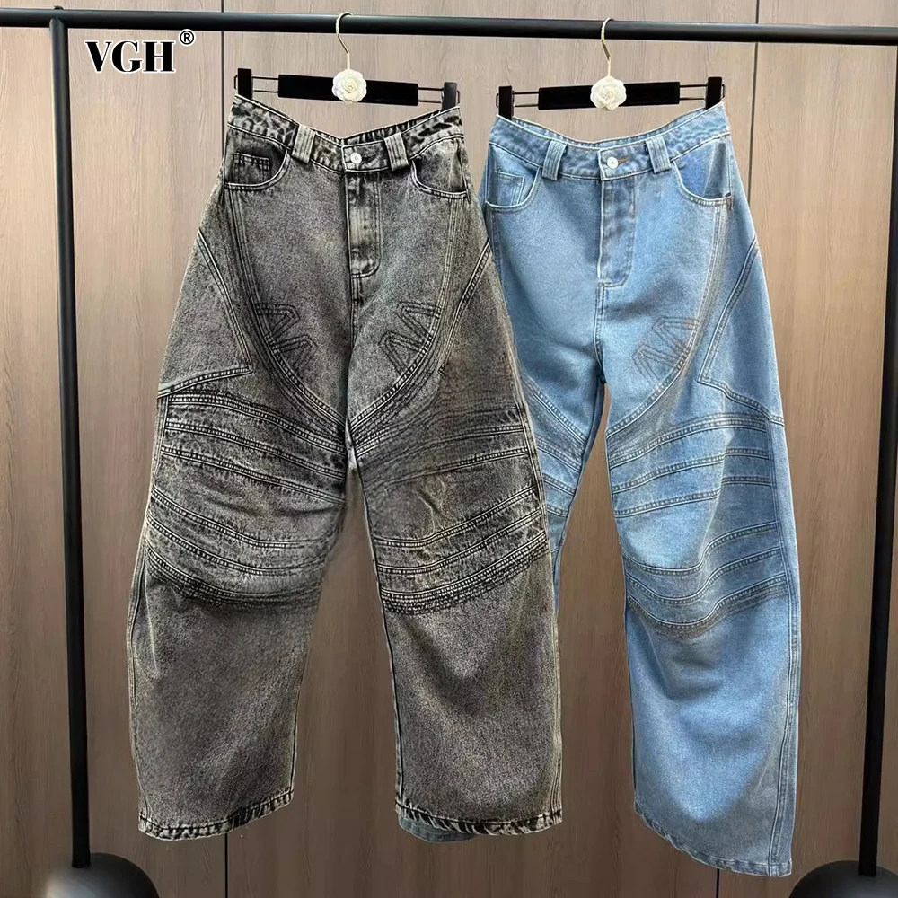 VGH Solid Chic Casual Loose Denim Pants For Women High Waist Patchwork Button Design Sense Wide Leg Pants Female New Autumn 2024