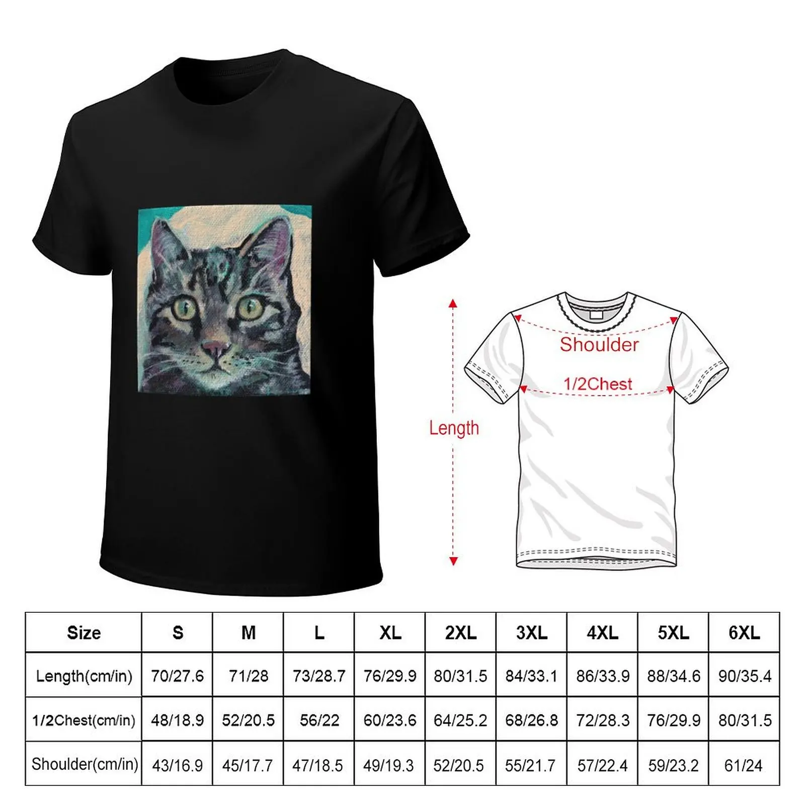Gray tiger cat on teal T-Shirt Work Wear Simple Tee Shirt
