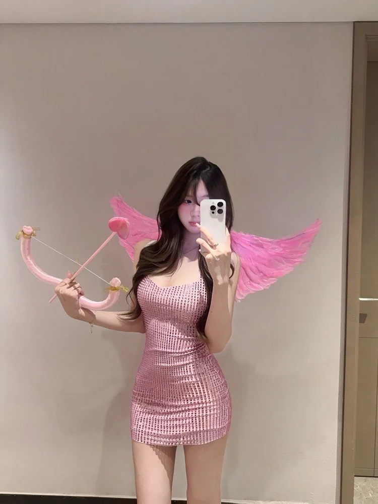 Sexy Pink Sequin Halter Neck Bodycon Short Dress Women Summer Pure Desire Waist Cinched Skirt for Party Daily Travel