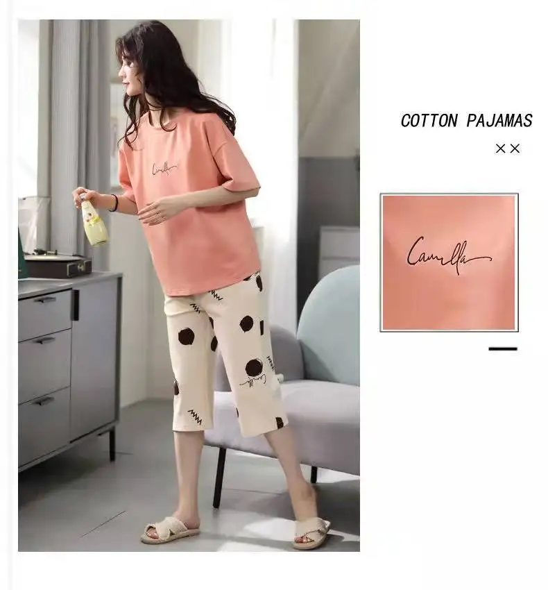 Damen-Sommerpyjama: Kurzarm, 3/4-Länge Hose, Pullover, Rundhals, Bedruckt, Frühling/Herbst-Stil, Übergrößen-Pyjama-Set – Detail 10
