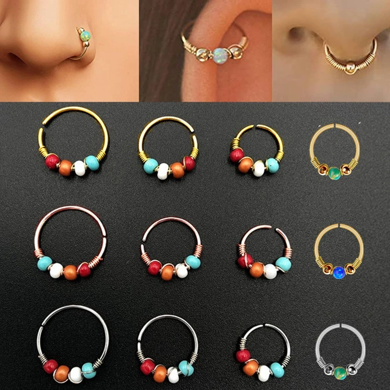 Piercing falso de cuentas bohemias para nariz, Septum, orejas, Ópalo, anillo de nariz falso, anillo de cartílago de oreja, Piercing de hélice, joyería Sexy para mujer, 1pc