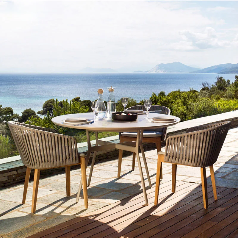 ！@Nordic Modern Waterproof Solid Wood Woven Rattan Chair Set Outdoor Dining Table for Hotel Villa Courtyard Garden Leisure Table