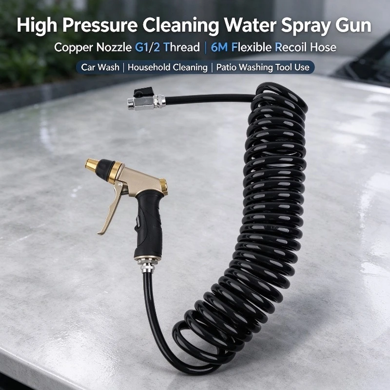 High Pressure Cleaning Water Spray Gun, Copper Nozzle G1/2 Thread, 6M Flexible Recoil Hose for Car Wash & Household Cleaning Use