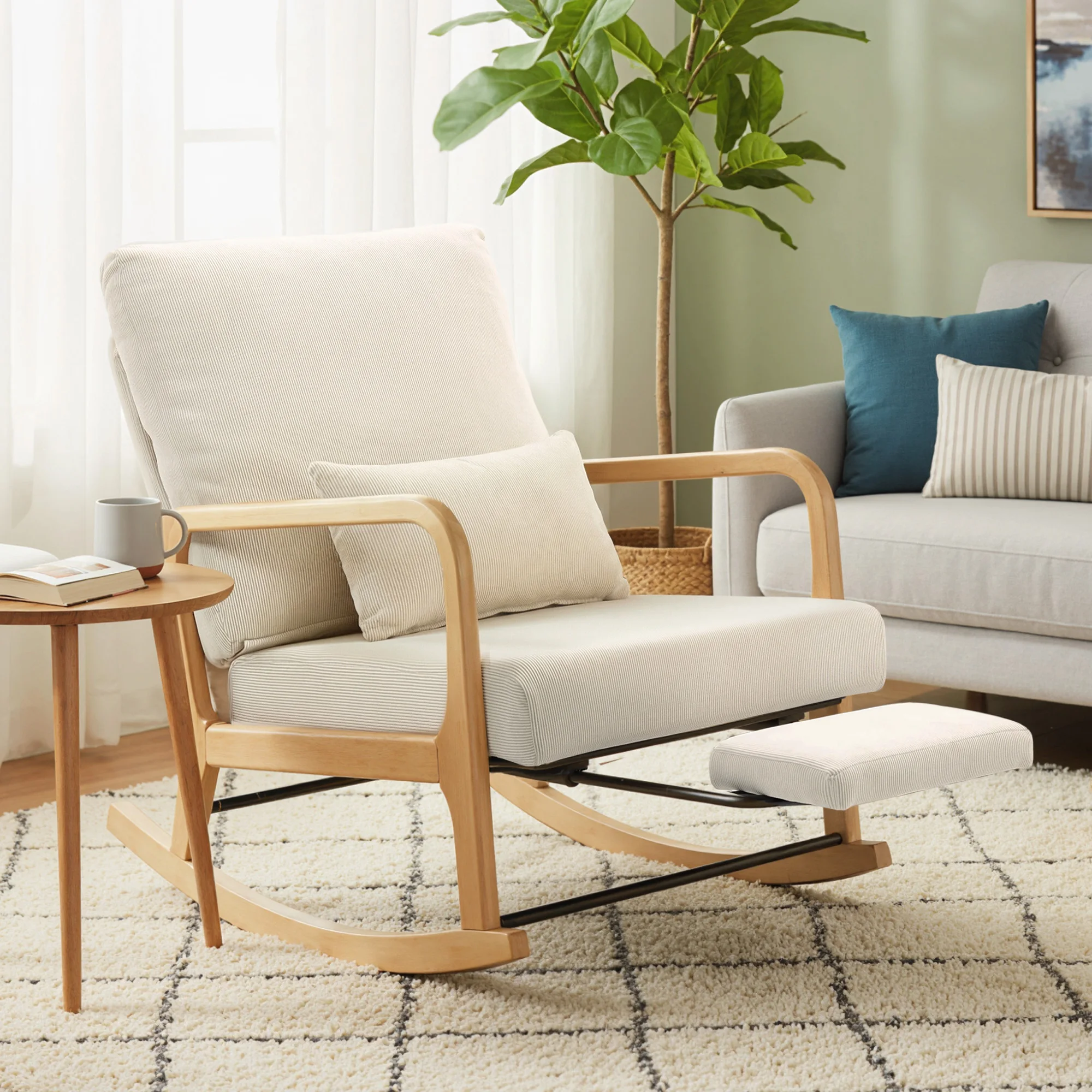 HOMCOM Schaukelstuhl Schaukelsessel mit Fußstütze, verstellbarer Rückenlehne, Lendenkissen, Relaxstuhl mit Holzfüßen, Cord-Optik, Skandinavischer Schwingsessel für Wohnzimmer, Schlafzimmer, Creme