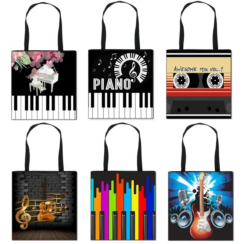 Piano Guitar Print Casual Tote Music Women Shoulder Bag Ladies Handbag Canvas Large Capacity Shopping Bag Female Travel Bags