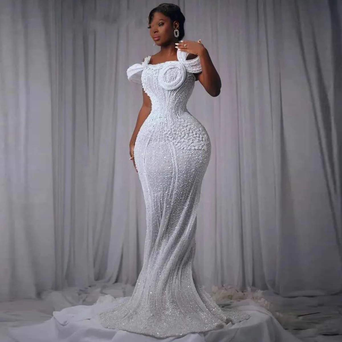 Customized New Sequined Beads Lace Mermaid Wedding Dress For Girls Modest High Collar Sleeveless Bridal Gown Dresses For Bride
