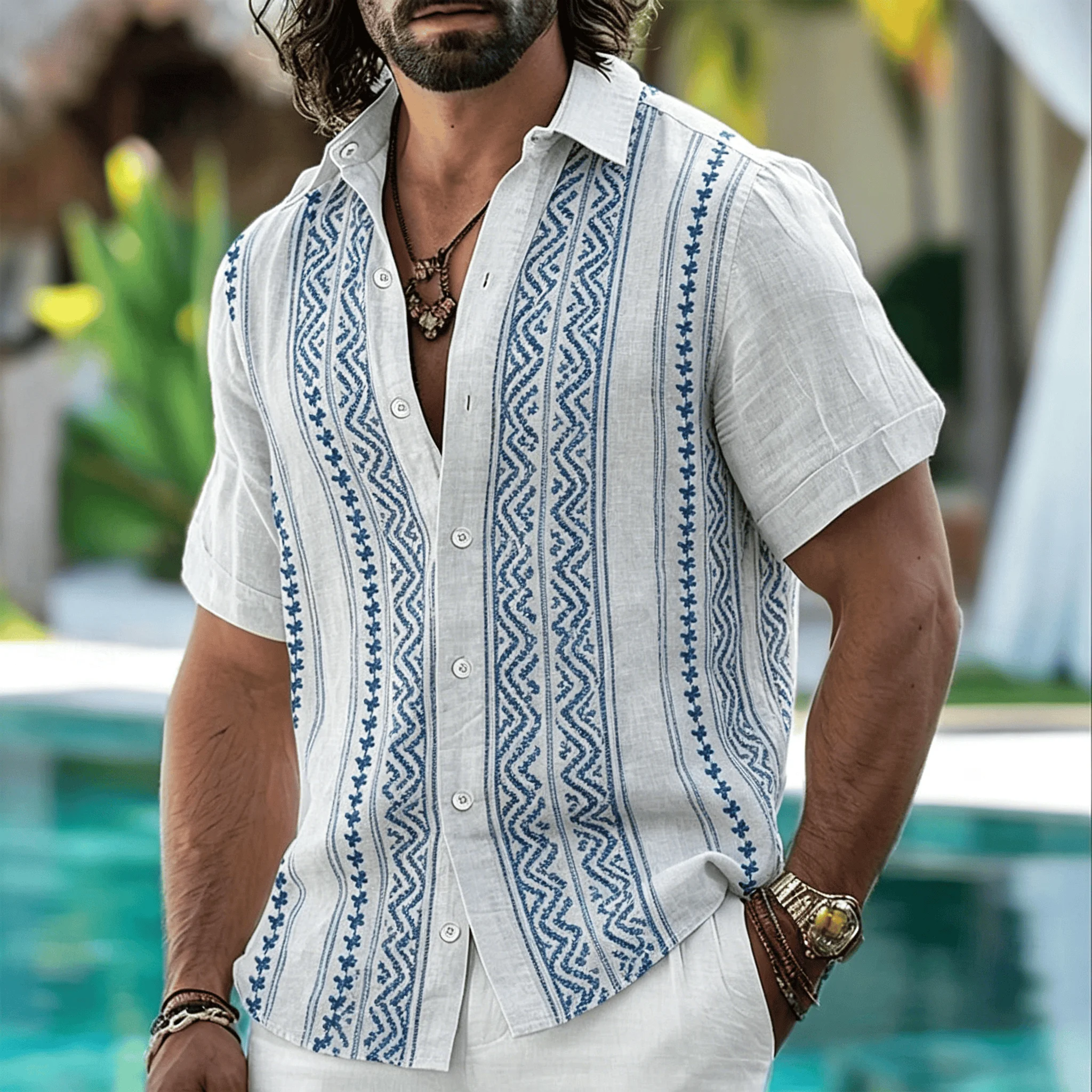 Men's Tribal Geometric Patterned Shirt, Bohemian Style, Casual For Spring And Summer