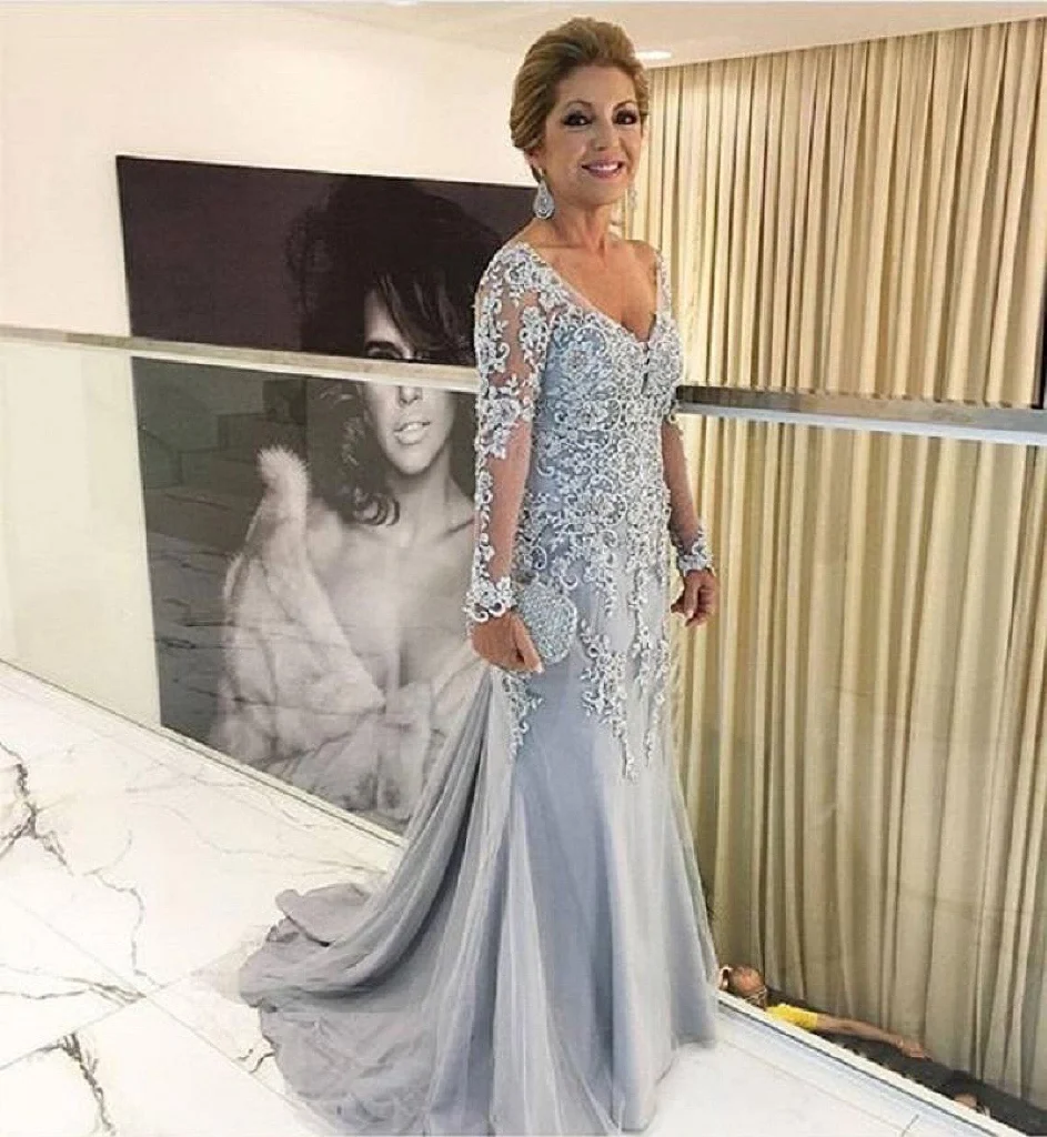 

ANGELSBRIDEP Elegant Mother Of The Bride Dresses Mermaid Long Sleeves Appliqued Lace Mother Dresses For Wedding Formal Party HOT