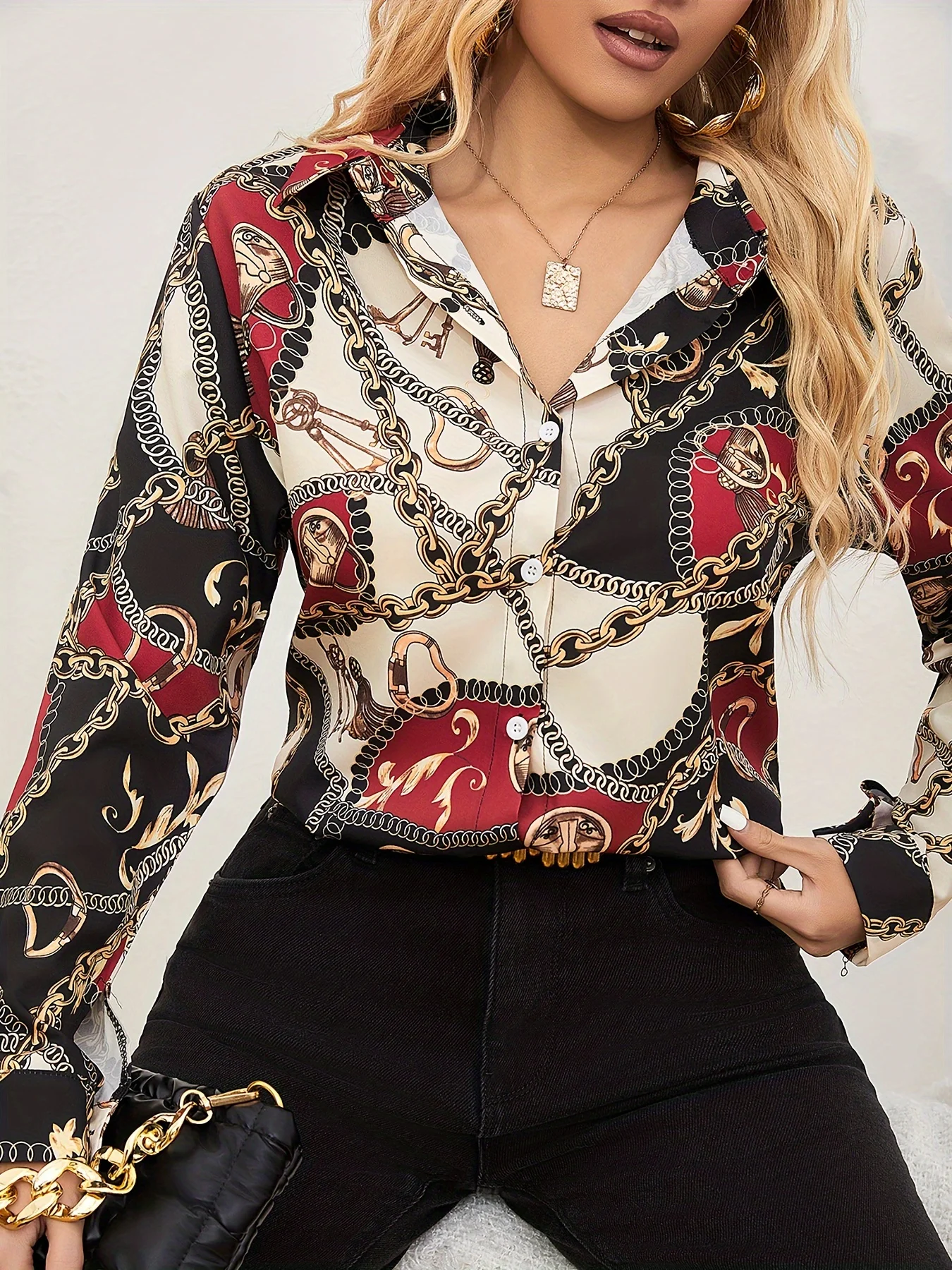 Camisa de manga larga con botones y estampado de cadena de bloque de colores para mujer, ropa informal para primavera y otoño