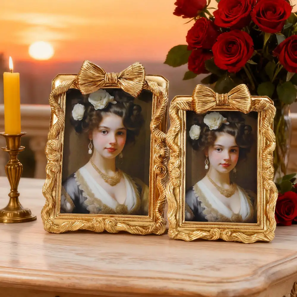Vintage European Gold Picture Frame Bowknot Embossed Resin Portrait Holder Tabletop Wall Hanging Decor For Family Memories