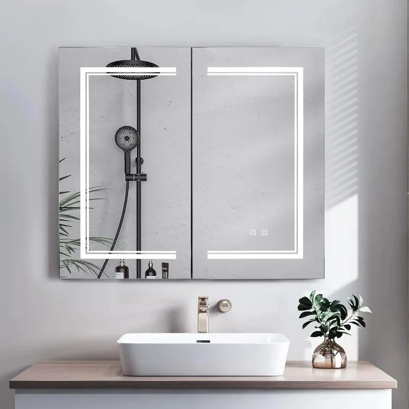 32x28 Inch LED Medicine Cabinet Wall Mounted Dimmable 3 Color Mirror Anti-Fog 3-Tier Storage USB Charge White, Customized