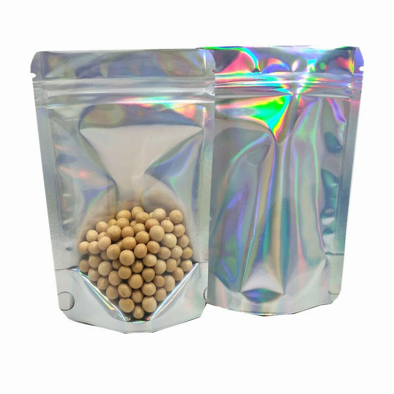 Półprzezroczysta laserowa folia aluminiowa stojąca na zamek błyskawiczny górne woreczki Doypack przezroczysty przód holograficzny Mylar Zip Lock torby do pakowania