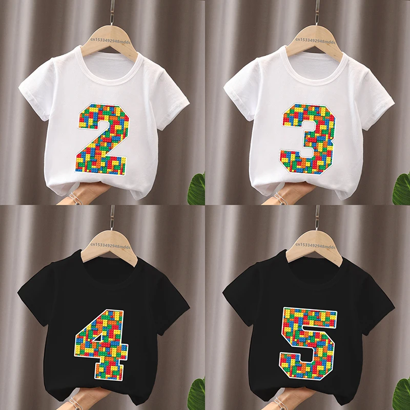 

Building Blocks Bricks Print Number Cartoon Kids T shirt 1 2 3 4 5 6 7 8 9 Years Birthday Funny Baby Boys T-Shirts Girls Clothes