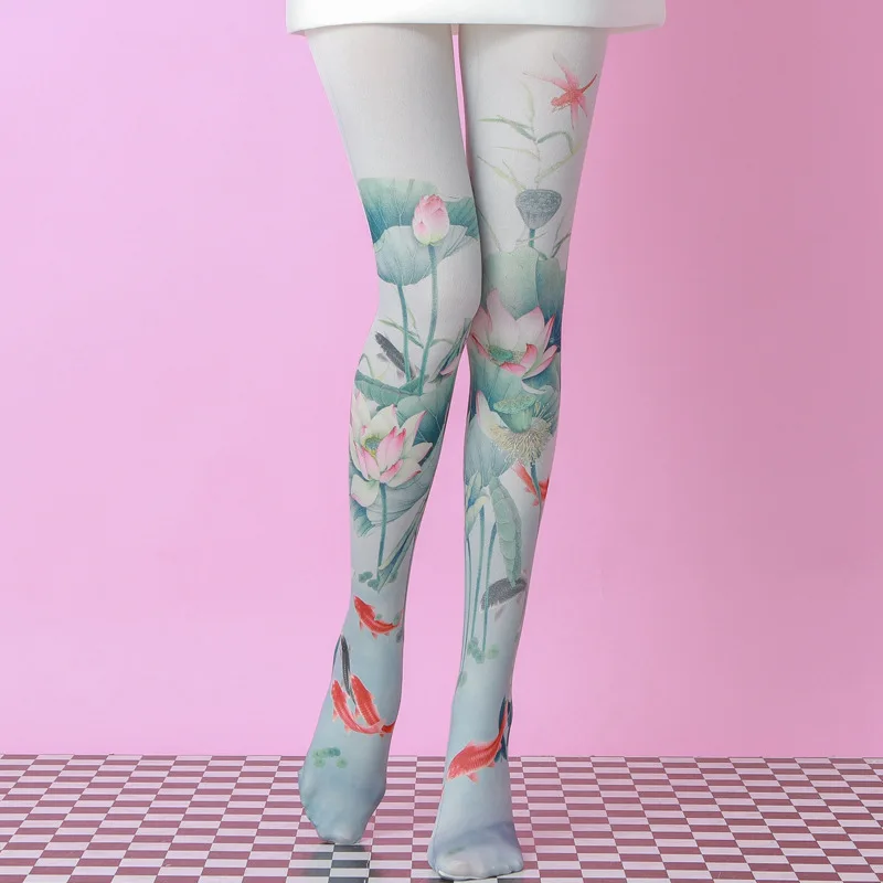 Lolita Floral Printed Pantyhose Japanese Sexy Women Sweet Harajuku Velvet Sotckings Opaque Tights Tattoo Pantyhose