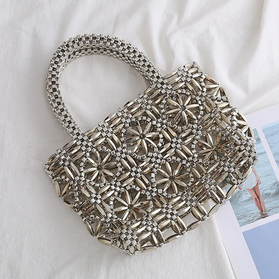 Summer New Blingbling Retro Silver Hollow Out Design Handmade Beaded Phone Handbags Ladies Clutch Purse Totes Bolsa Mujer