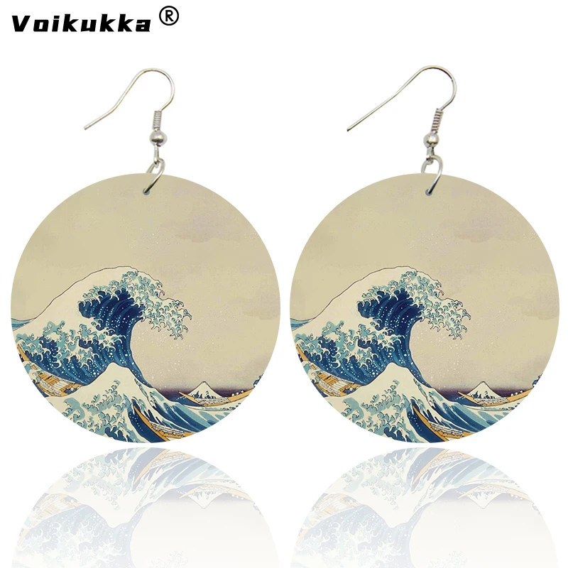 Voikukka Jewelry Ukiyo-e Printmaking Kanagawa Surfing Both Sides Print Pattern Wooden Dangle Earrings For Women Gifts