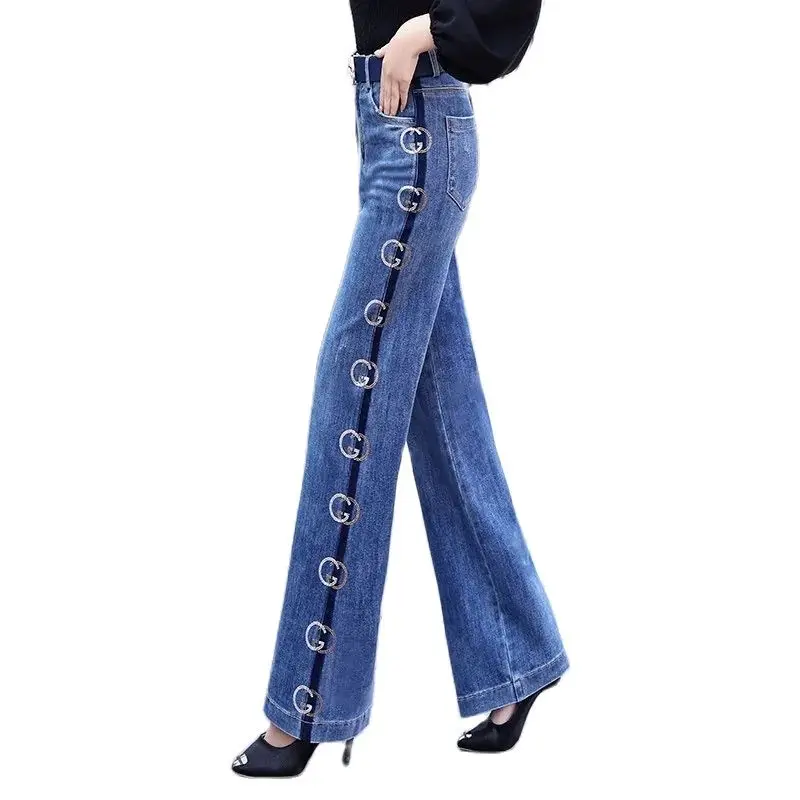 Diamond-Studded Wide-Leg Jeans Women's Pants NEW 2022 Spring Autumn High-Waisted Drape Fashion Straight-Leg Trousers Denim Pants