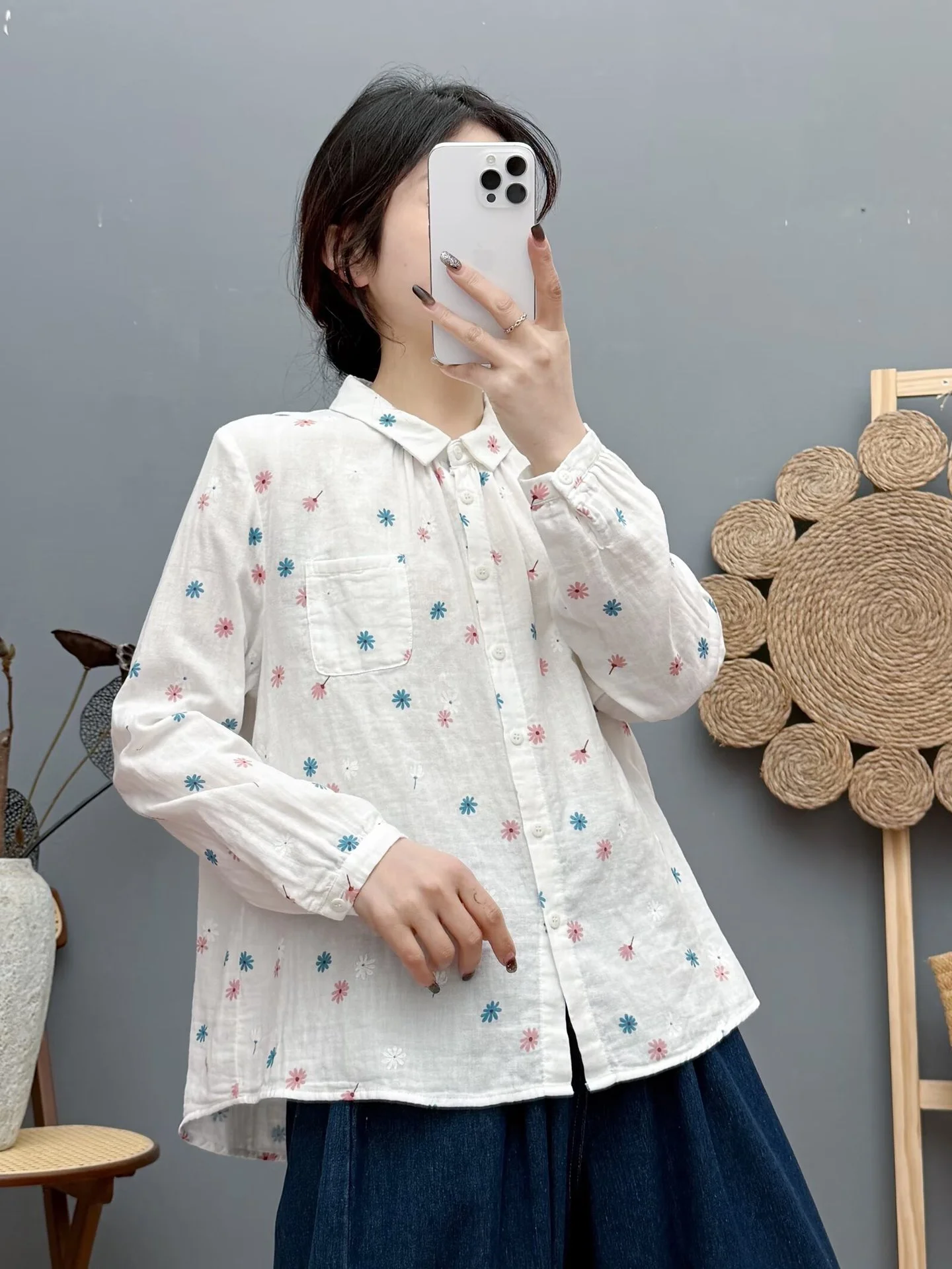 2026 모리 걸 스타일 빈티지 의류 일본 패션 러스틱 데이지 프린트 네이비 블루 옐로우 화이트 셔츠 100% 면사 블라우스