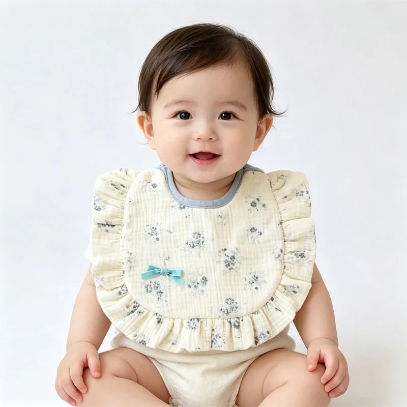 Baby Floral Bibs Soft Cotton Ruffle Feeding Bib With Adjustable Strap Cute Bow Decor Drool Bib For Newborn Infant Toddler