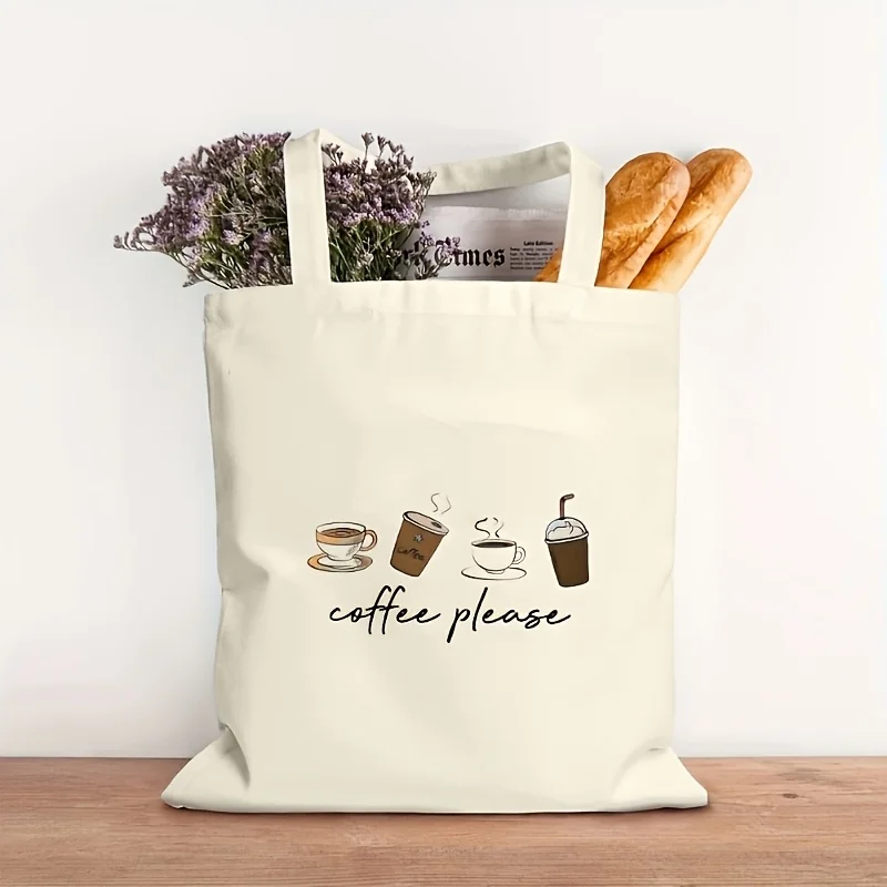 One Printed with“Coffee Please”Four-Cup Coffee Cup Shoulder Bag，Minimalist Latte，Takeaway Cup and Iced Coffee Illustration Print