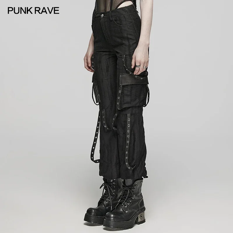 PUNK RAVE Women's Punk Cool Techwear Trousers Irregular Geometric Pattern Eyelet Webbing Design Female Pants Spring/Autumn