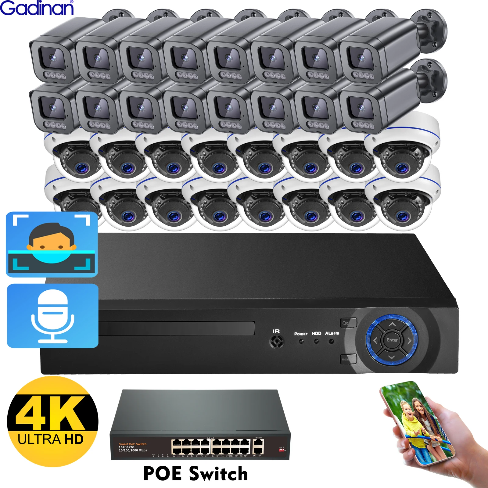 Gadinan POE 보안 카메라 시스템, 얼굴 감지, 파손 방지 레코드, 4K CCTV 보호 감시 키트, XMEye, H.265 + 32CH NVR, 8MP 