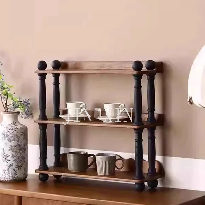 Vintage French medieval shelf antique retro bedroom wall desktop solid wood storage cup holder