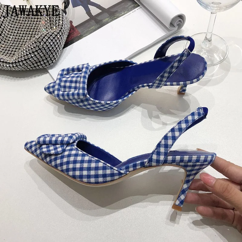 Zomer Merk Trouwschoenen Vrouwen Puntige Teen Canvas Slingbacks Jurk Schoenen Vierkante Gesp Decor Designer Banketschoenen Voor Vrouwen